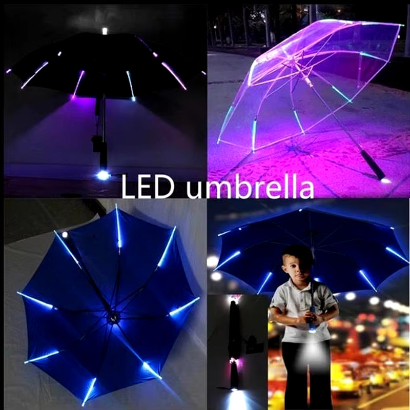 2024 Creative New Hot Fashion Cool Umbrella with LED Features 8 Rib Light Transparent with Flashlight Handle Umbrellas