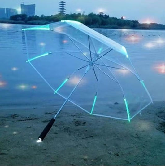 2024 Creative New Hot Fashion Cool Umbrella with LED Features 8 Rib Light Transparent with Flashlight Handle Umbrellas